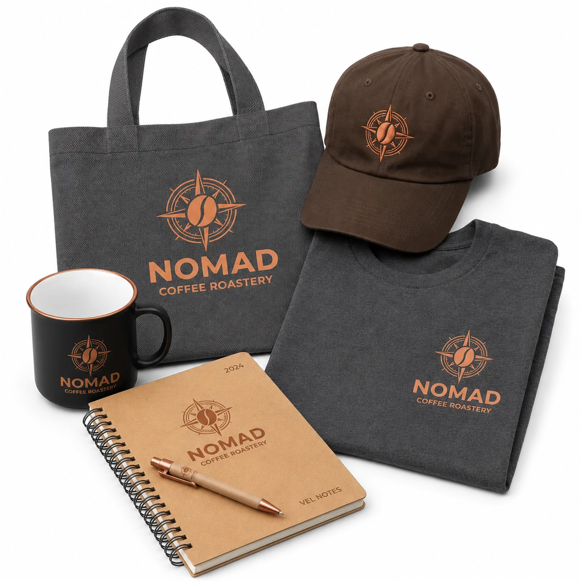 Custom-printed merchandise - t-shirt, cap, mug, tote and hoodie with tasteful one-off designs